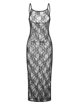 Nėrinių gėlių tinklelis Žiūrėti per ilgą suknelę moterims Berankovių dirželis O-kaklas Vasaros vakarėlio suknelės Moteriškos vestidos