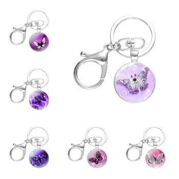 Purple Magic Butterfly raktų pakabukai Rankų darbo stiklo kabošono lydiniai Raktų pakabukai