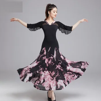 X5012 Šiuolaikinis sijonas Moterų naujas lotynų šokis Pramoginiai šokiai Šokių kostiumas Valsas Pramoginiai šokiai Sijonas Pusė rankovių Sijonas Praktikos suknelė